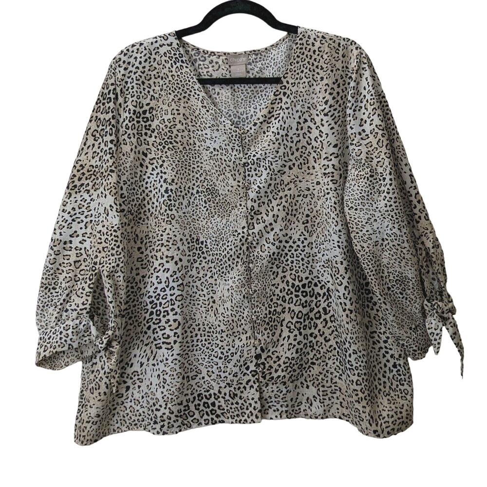 Chicos Leopard Print Blouse 3 (US 16/18) Black White Tie Sleeve Accent Lagenlook